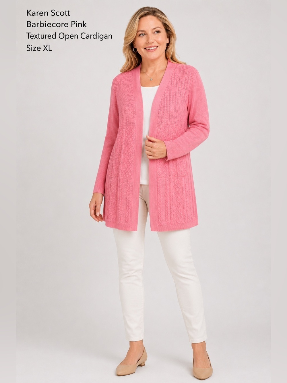 KAREN SCOTT women Barbiecore feminine Pink Textured Open Cardigan/XL